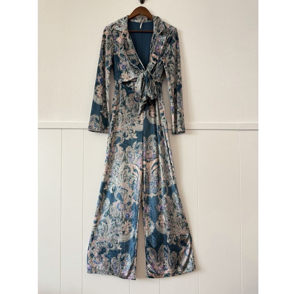 NEW Free People Velvet Paisley Jumpsuit S Boho Luxe Wide Leg Wrap Tie Front - Picture 2 of 13
